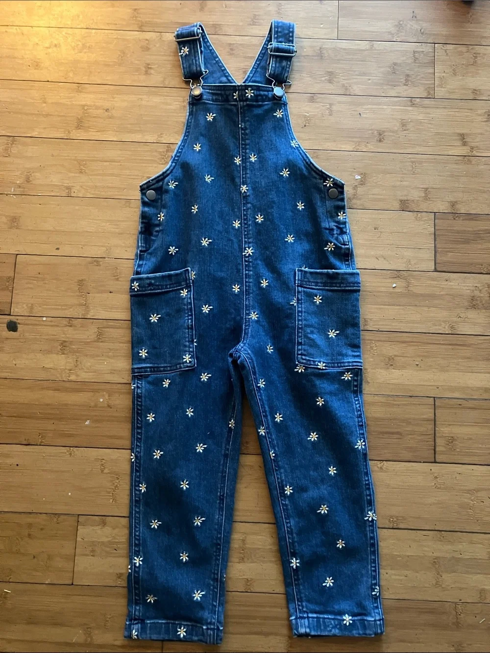 Hanna Andersson Blue Denim Overalls with White Daisy Embroidery